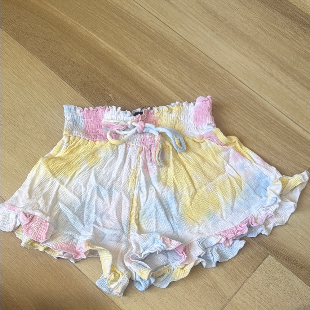 Pink and Yellow Ruffle Waist Tie-Dye Shorts